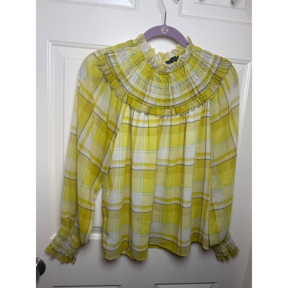 Ann Taylor Yellow Plaid Ruffle High Neck Smocked Blouse Womens Small Long Sleeve